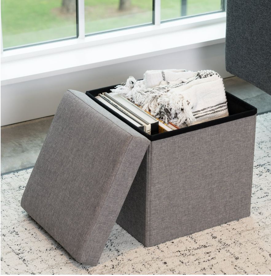 An ottoman doubles as seating and storage